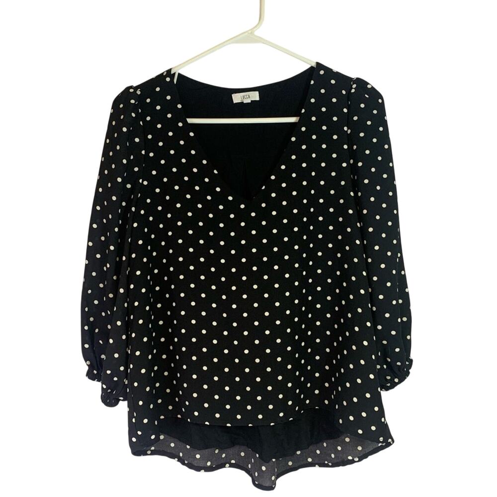 Lucca Black and White Polka Dot V-Neck Layered Blouse Size Small TT0894